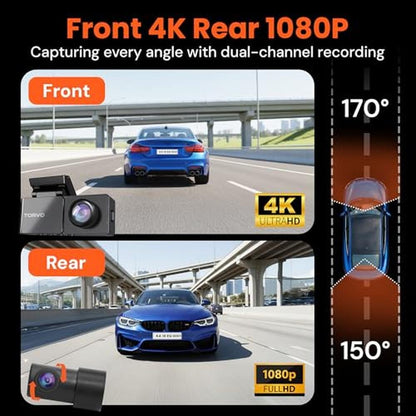 TORVO 4K Dash Cam: Front and Rear Camera System with 64GB – Side View
