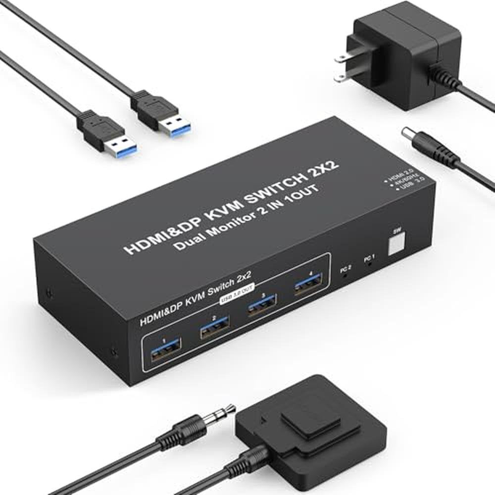KVM Switch: 4K 60Hz Dual Monitor 2-Port KVM Switch for 2 – Front View
