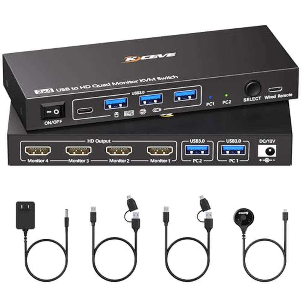 KVM Switch: 4 Monitors 2 Computers 1080p 60Hz USB 3.0 – Front View