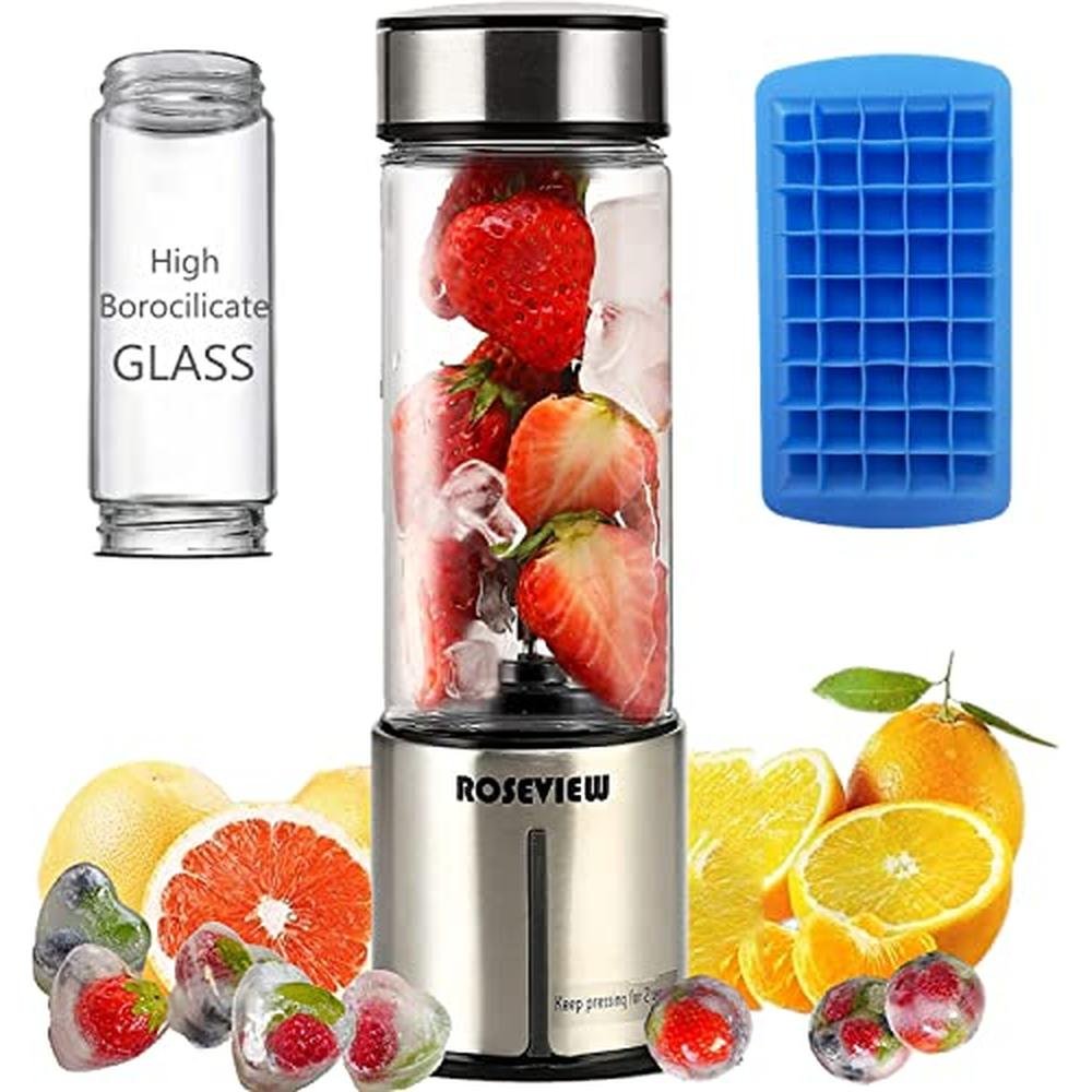 Portable Smoothie Blender: ROSEVIEW Glass Bottle USB – Front View