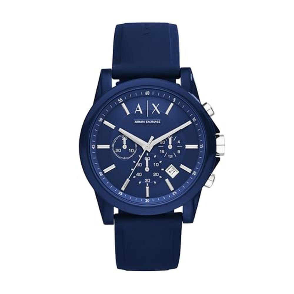 Armani Exchange: Chronograph Blue Silicone Watch for Men – Front View