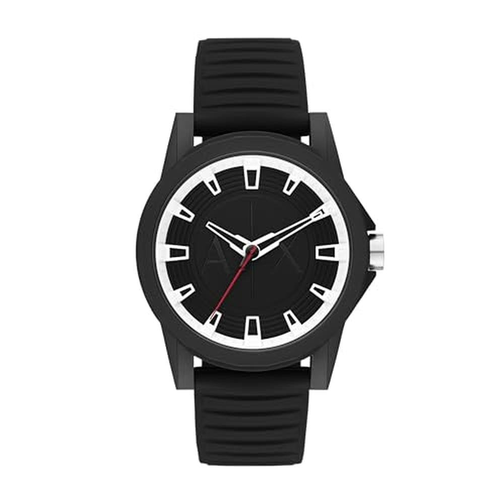 Armani Exchange: AX Three Hand Black Silicone Watch for Men – Front View