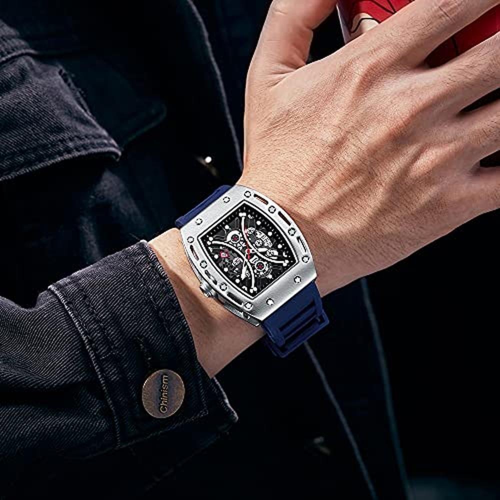 Aimes Watch: Luxury Silver Square Skeleton Chronograph – Close-up Detail