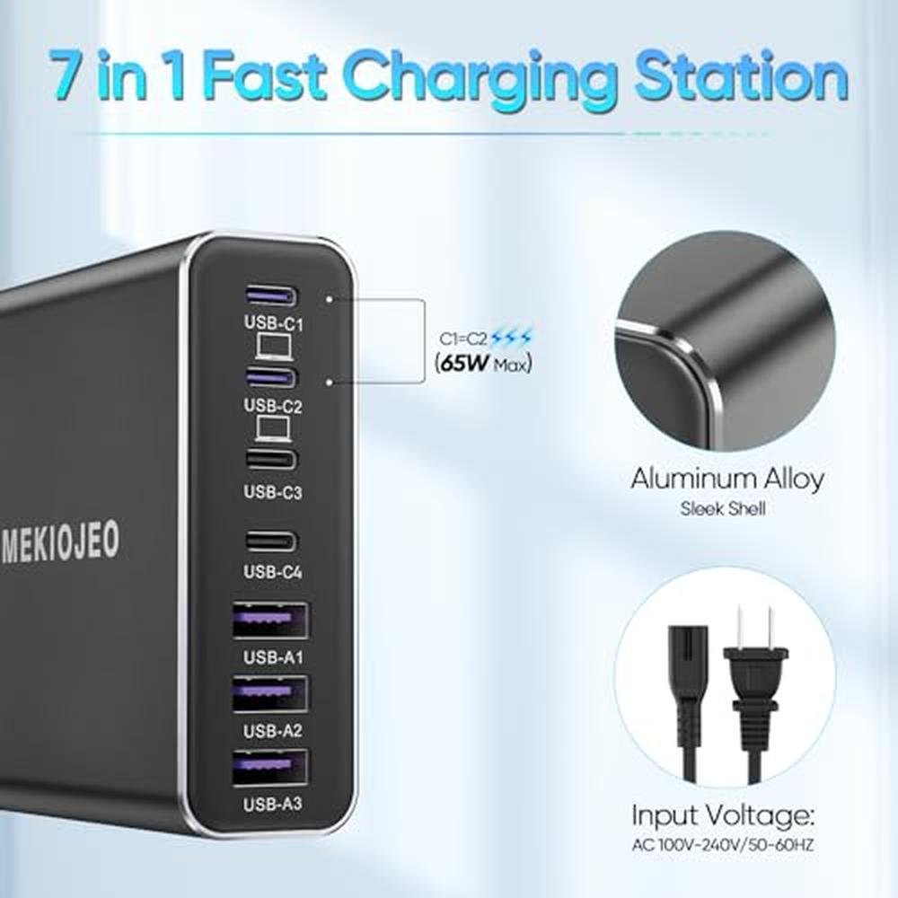 Aluminum Charger: MEKIOJEO 260W 7 Ports USB C Charger – Close-up Detail