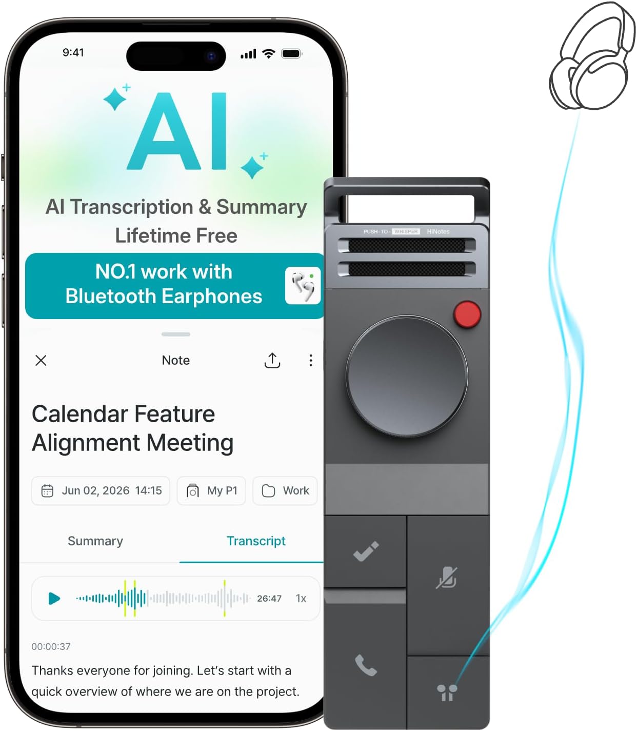 P1 AI Voice Recorder: Smart Voice Recorder Work with – Front View