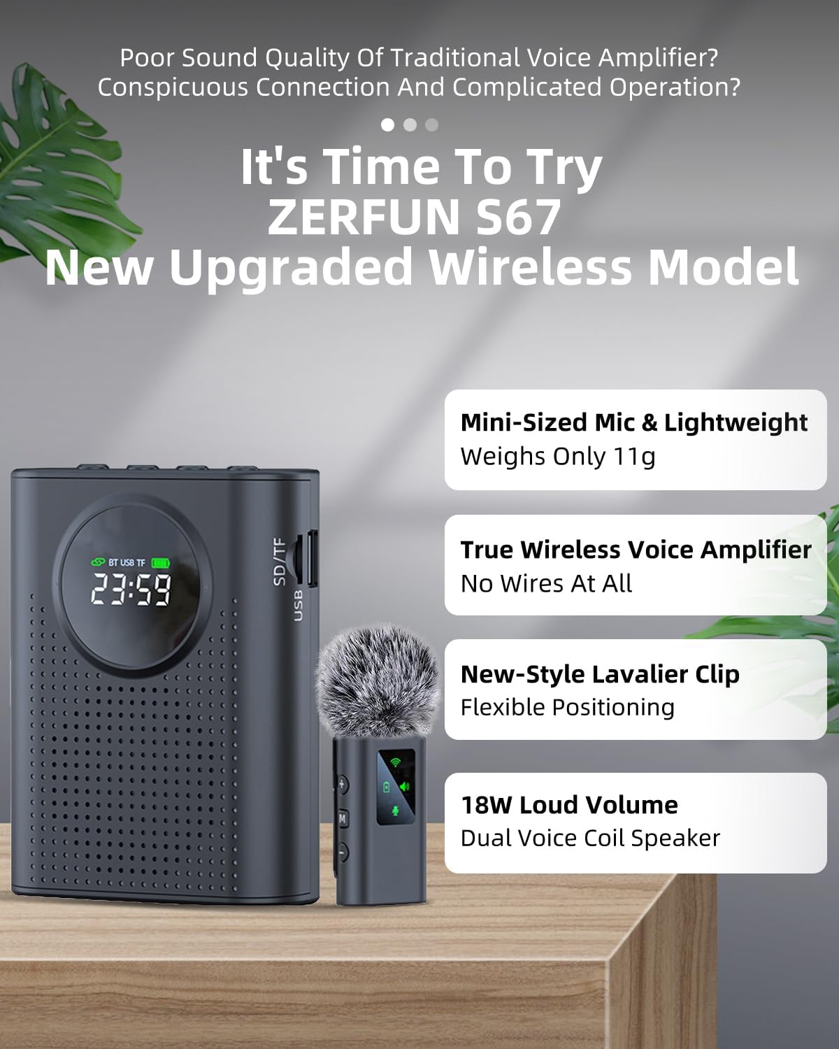 S67 Rechargeable Voice Amplifier Wireless Microphone for – Side View