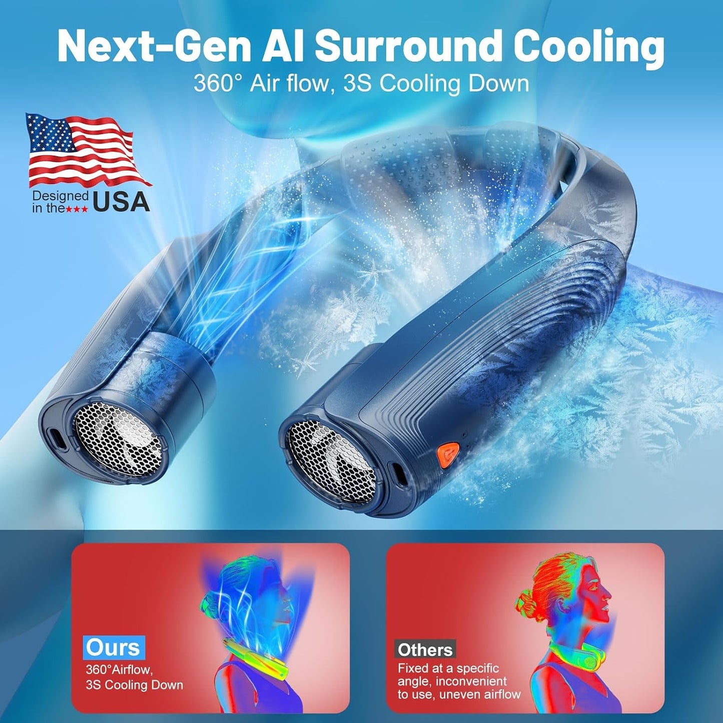 AI Portable Neck Fan with 6 Powerful Speeds – Side View