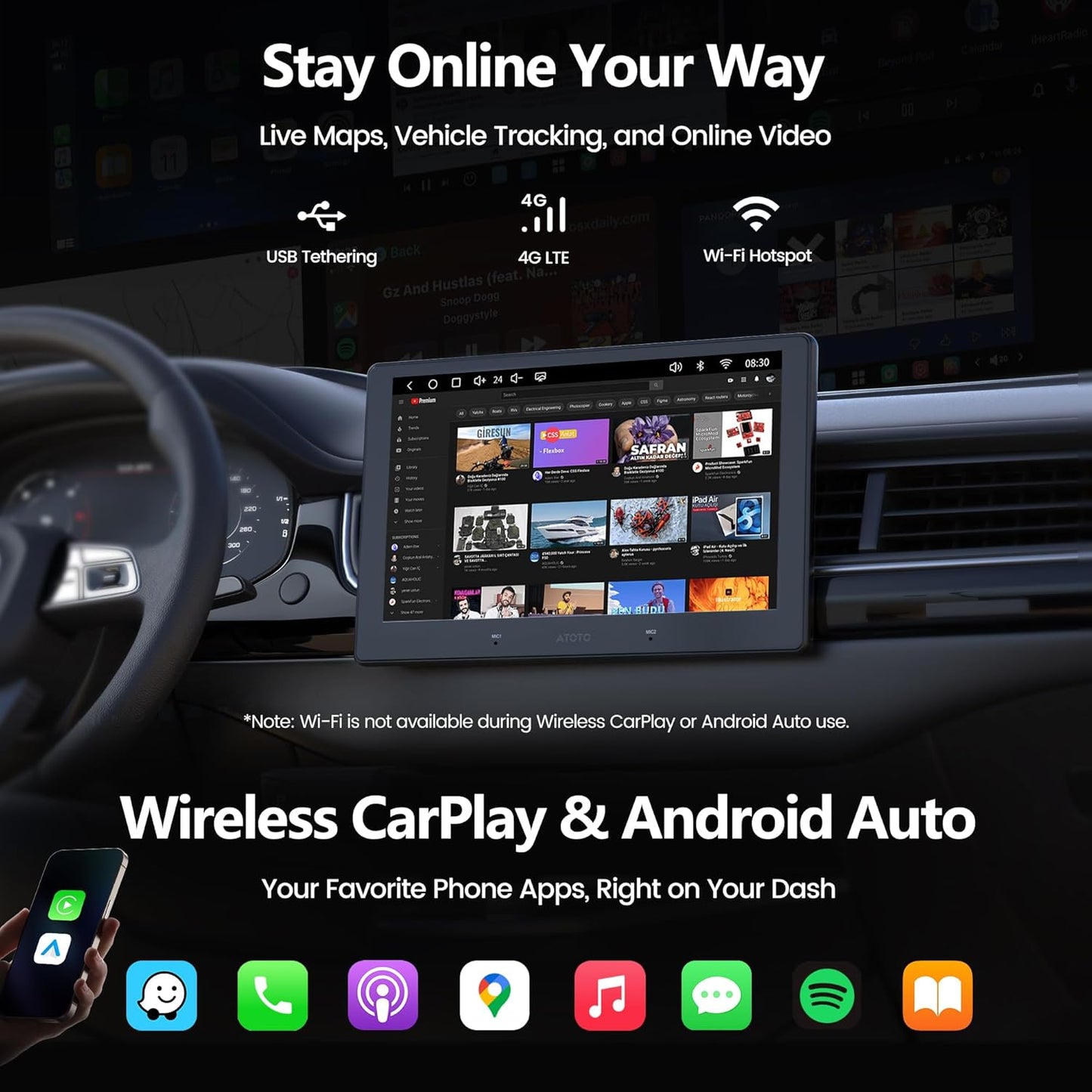 A7 9" QLED Android Double DIN Car Stereo – Side View