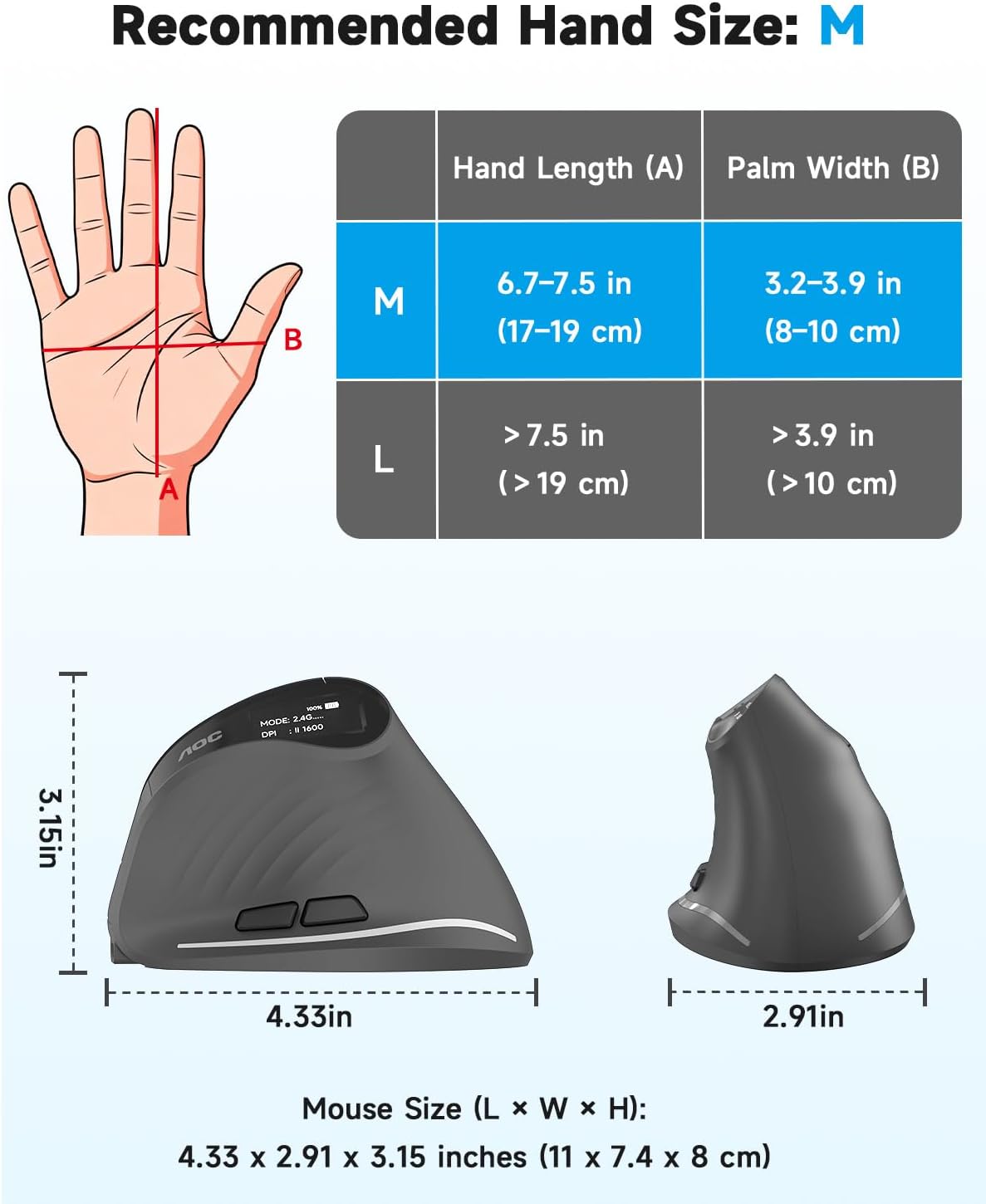 AOC 2.4GHz Ergonomic Mouse: Wireless Bluetooth Vertical – Close-up Detail