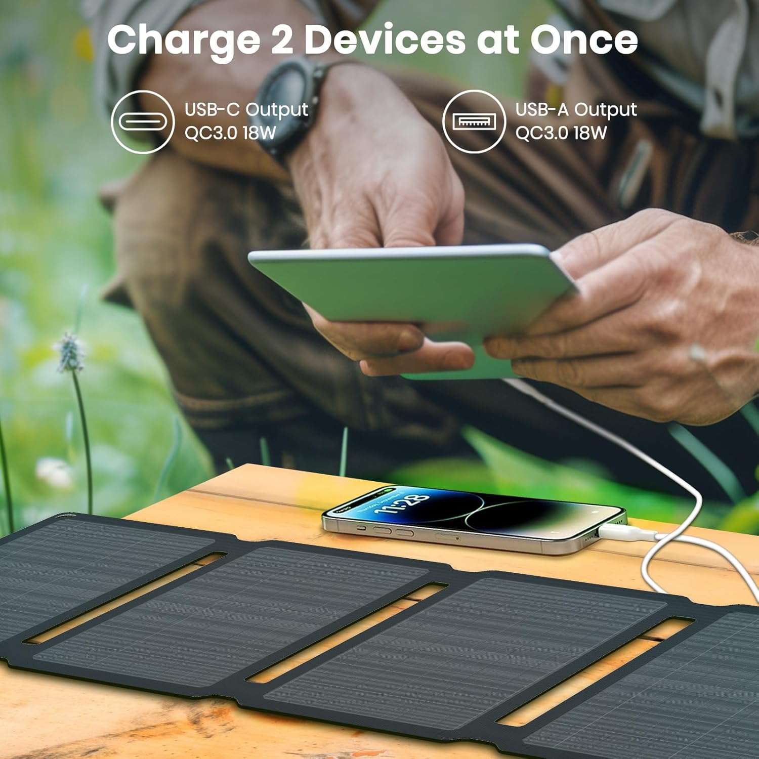 FlexSolar 30W Portable Solar Panel Chargers QC3.0 18W USB-A – In Use