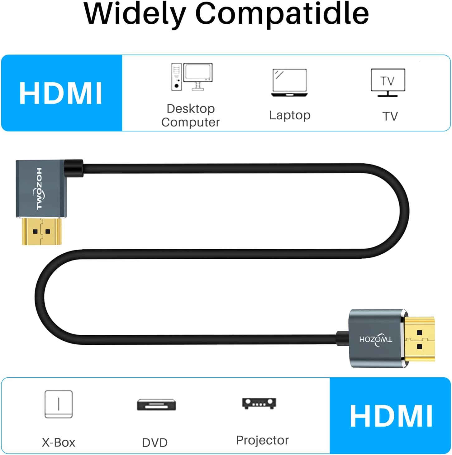 Twozoh Flexible HDMI to HDMI Cable Left Angled 90 degree – Back View