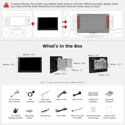 A7 9" QLED Android Double DIN Car Stereo – Size Reference
