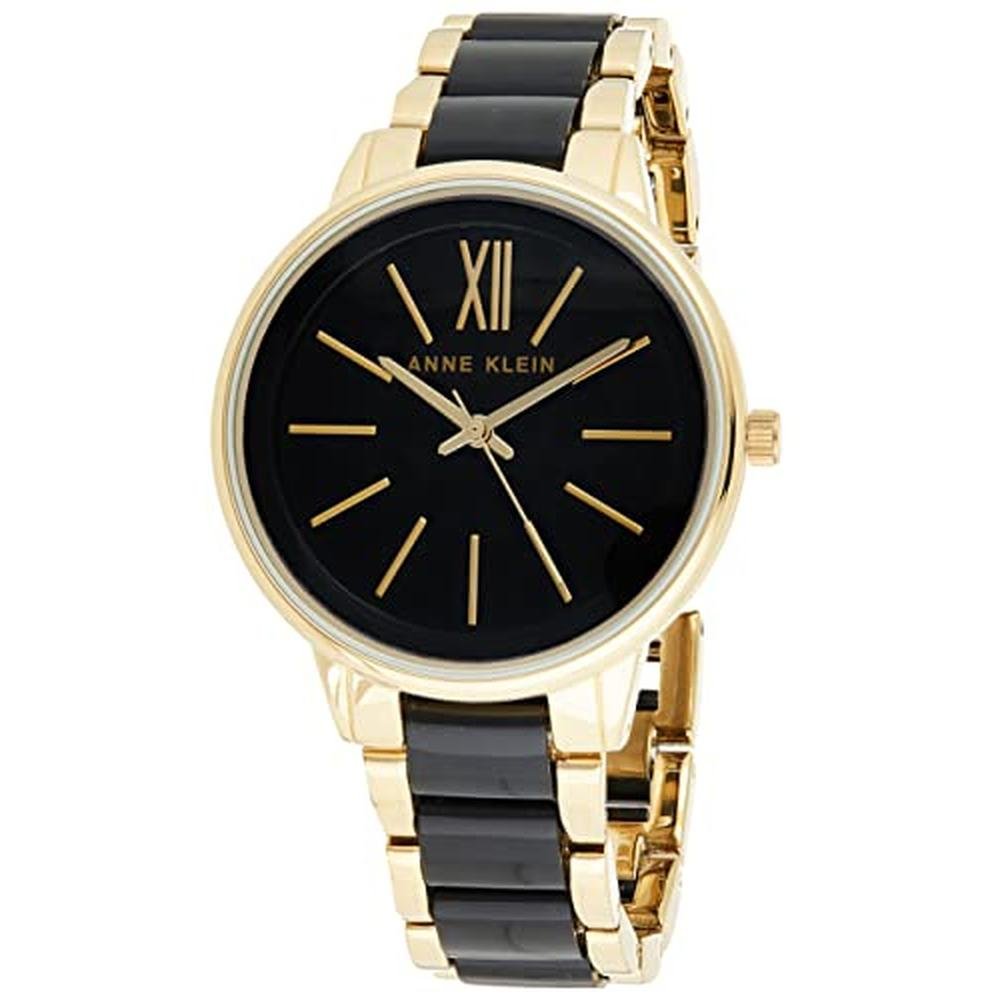 Anne Klein: AK 1412BKGb Gold Tone and Black Dress Watch – Front View