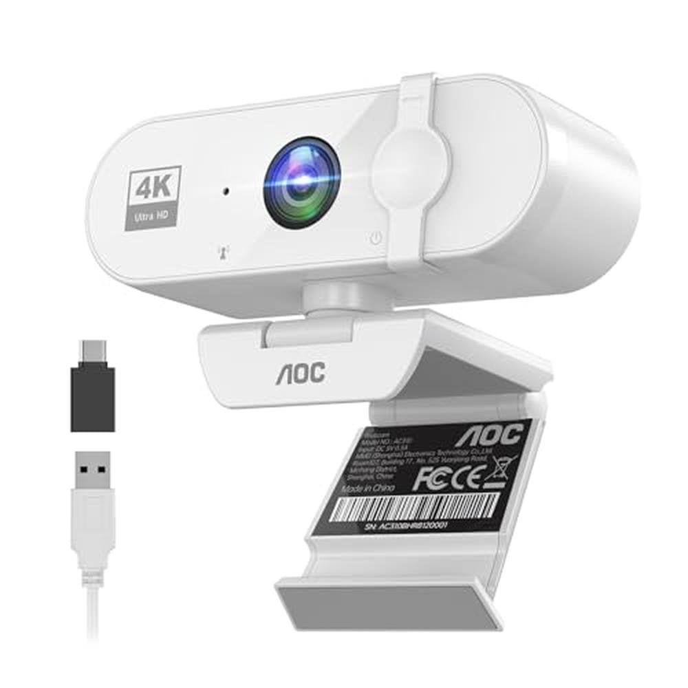 Webcam AOC: AOC White 4K Webcam for PC with Microphone – Front View