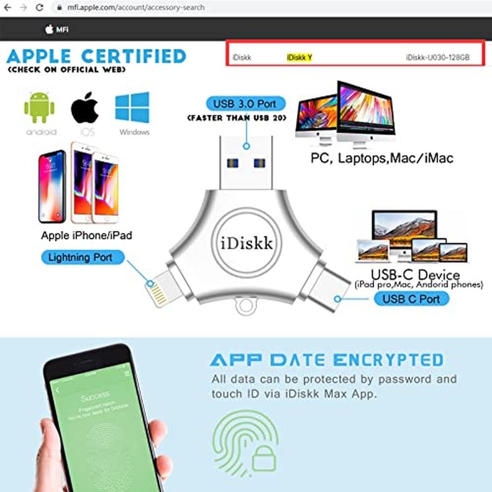 iPhone App Storage: iDiskk 128GB MFI Certified Flash Drive – Close-up Detail