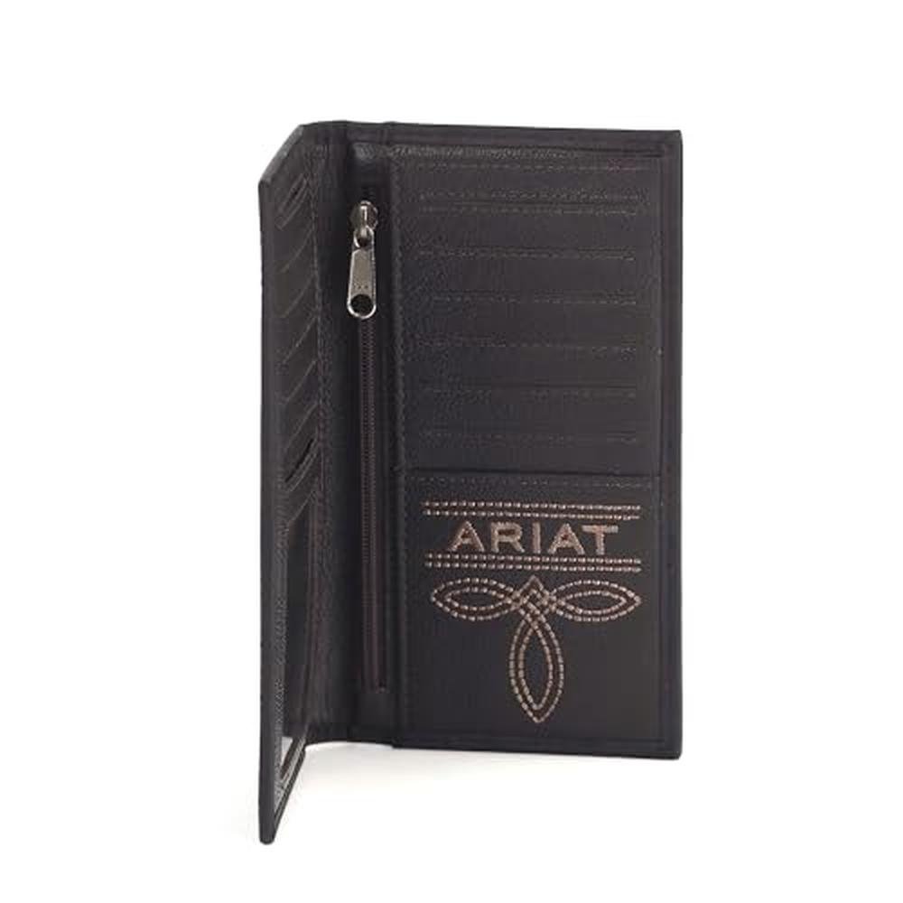 ARIAT Men's Black Leather Bifold Wallet with Embossed Logo – Packaging
