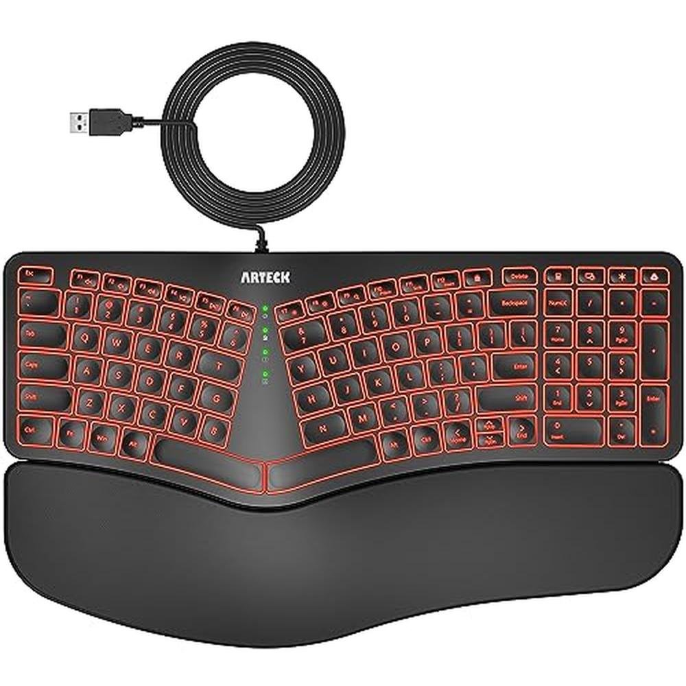 Arteck Ergonomic Keyboard: Arteck USB Wired Keyboard with – Front View