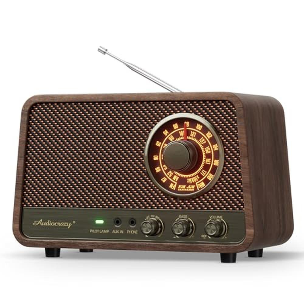 Bluetooth Radio: Audiocrazy Vintage Wooden AM FM – Front View