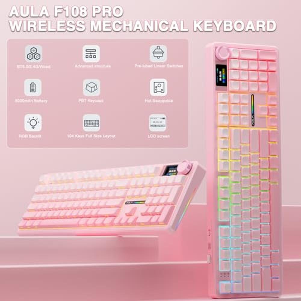 Keyboard Pink: AULA F108 PRO Wireless Mechanical Keyboard – Side View