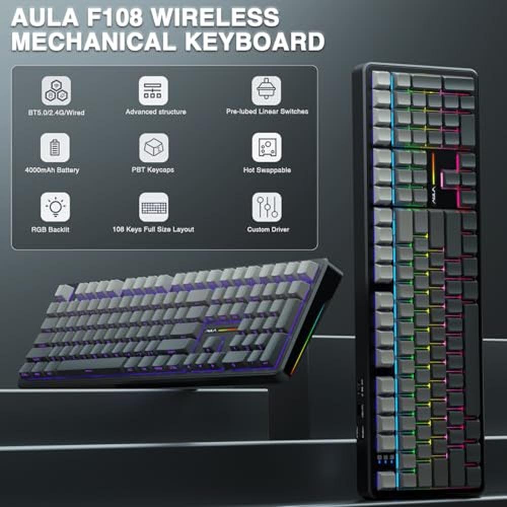 Keyboard AULA F108: AULA Wireless Mechanical Keyboard Full – Side View
