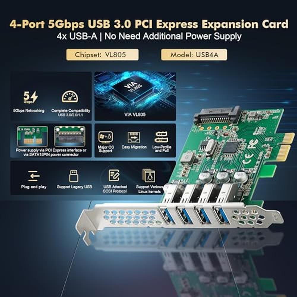 Binardat PCIE: 4 Ports USB 3.0 Expansion Card – Side View