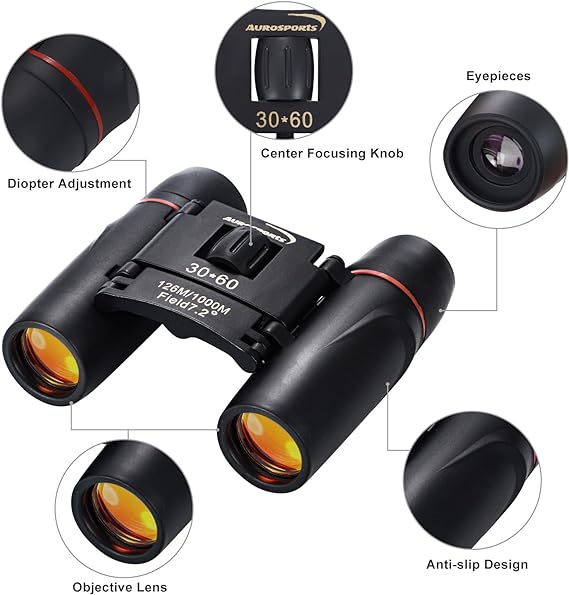Aurosports 30x60 Compact Folding Binoculars Telescope for Adults Kids Bird Watching with Low Light Night Vision for Outdoor Birding, Travelling, Sightseeing, Hunting, etc