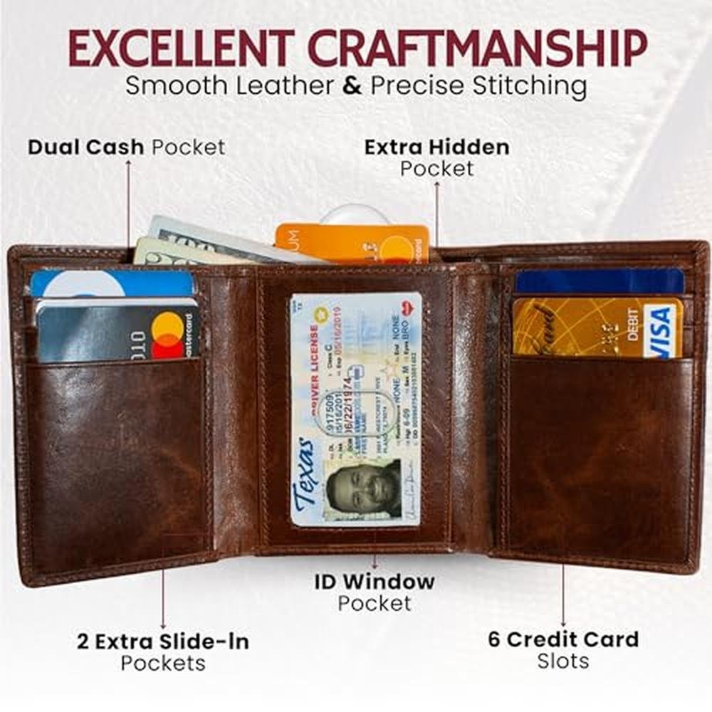 BULL GUARD Best Leather Men's RFID Trifold Wallet With ID – Close-up Detail