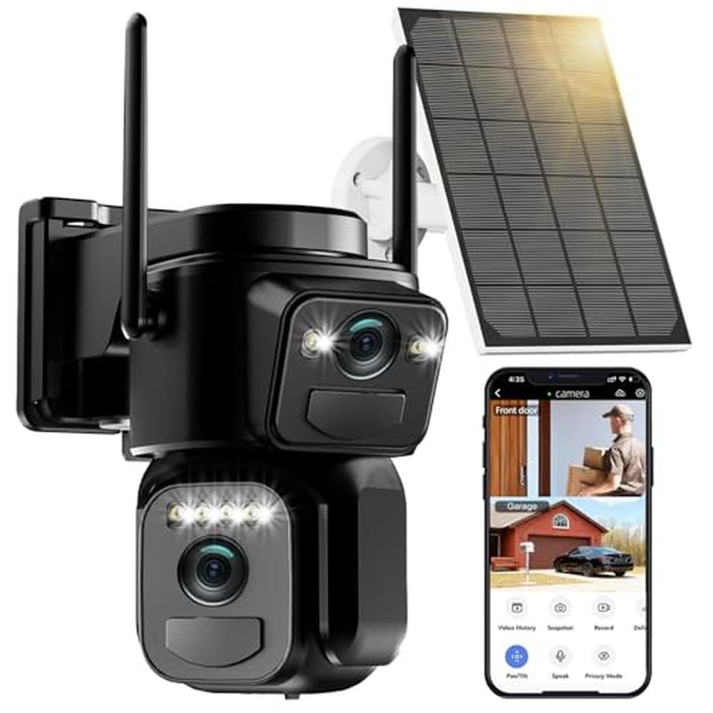 Security Caluxe: Caluxe Dual Lens Solar Security Cameras – Front View