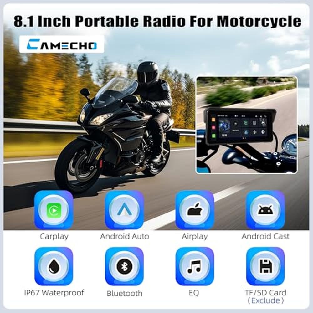 Screen Motorcycle: CAMECHO Portable Car Play 8.1 Inch IP68 – Side View