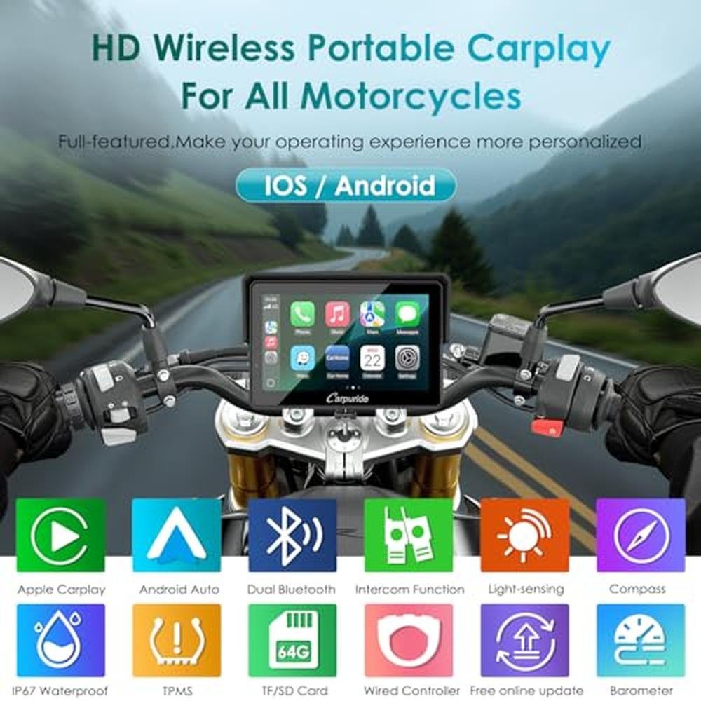 Carpuride W502S Pro: Premium Motorcycle GPS with Wireless – Side View