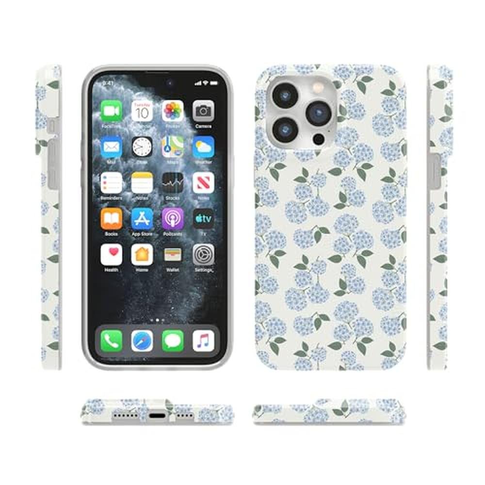 Casely iPhone 14 Pro Case: Nantucket Cottage Blue Hydrangea – Side View