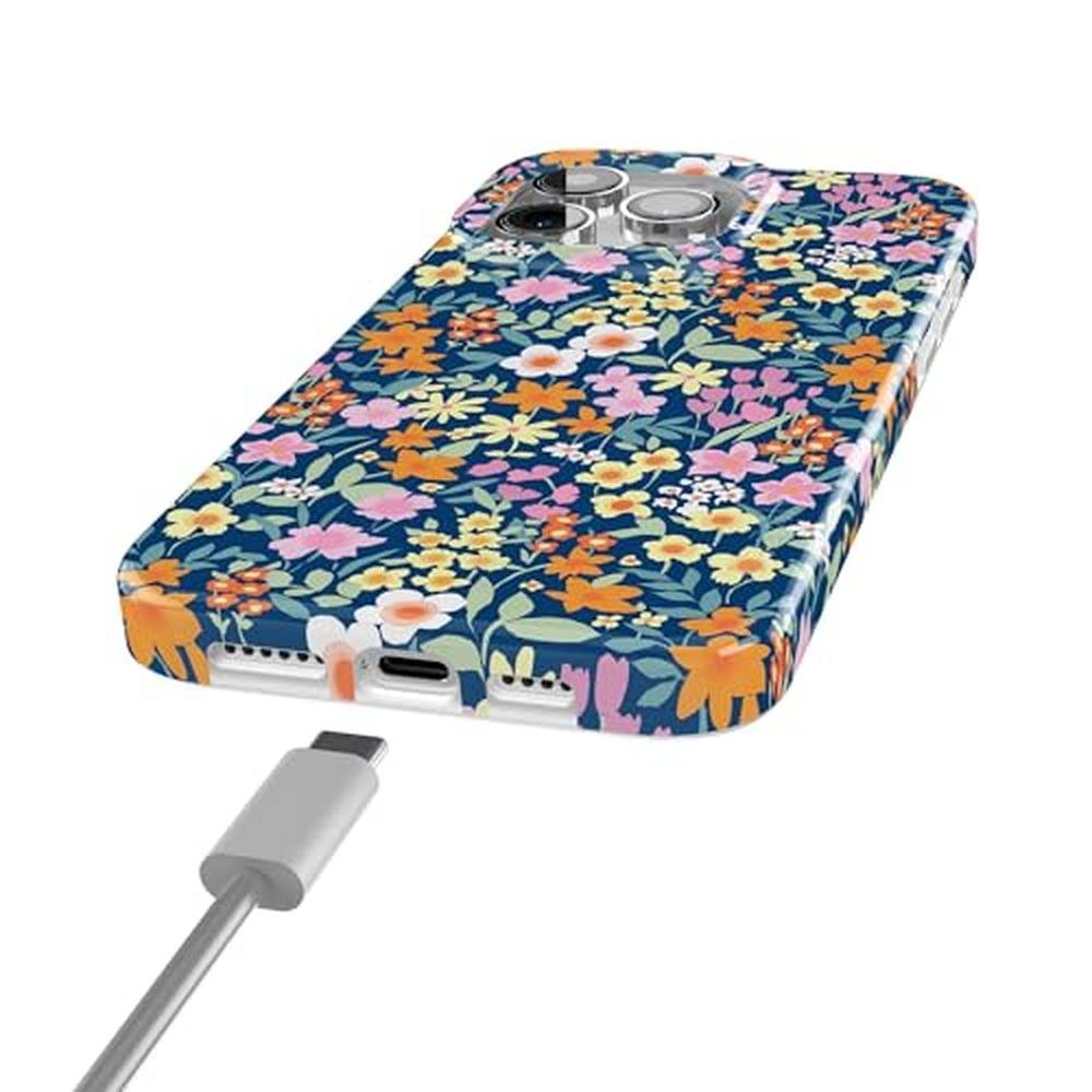 Casely iPhone 15 Pro Case: Full Bloom Navy Floral – Side View