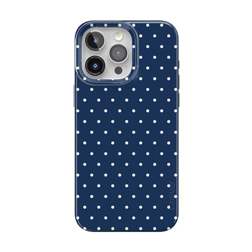 On the Dot Casely: iPhone 15 Pro Max Case Navy Polka Dot – Front View