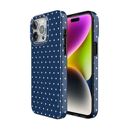 On the Dot Casely: iPhone 15 Pro Max Case Navy Polka Dot – Side View