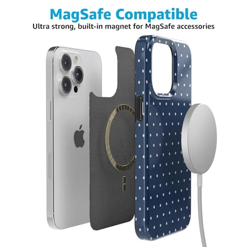 On the Dot Casely: iPhone 15 Pro Max Case Navy Polka Dot – In Use