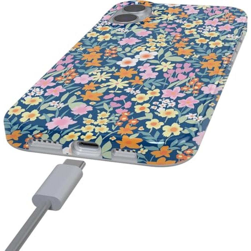Casely iPhone 16 Case: Full Bloom Navy Floral – Side View