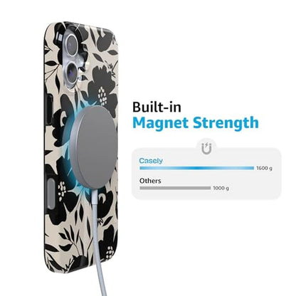 Casely iPhone 16 Plus Case: Dark Fantasy Contrast Floral – In Use