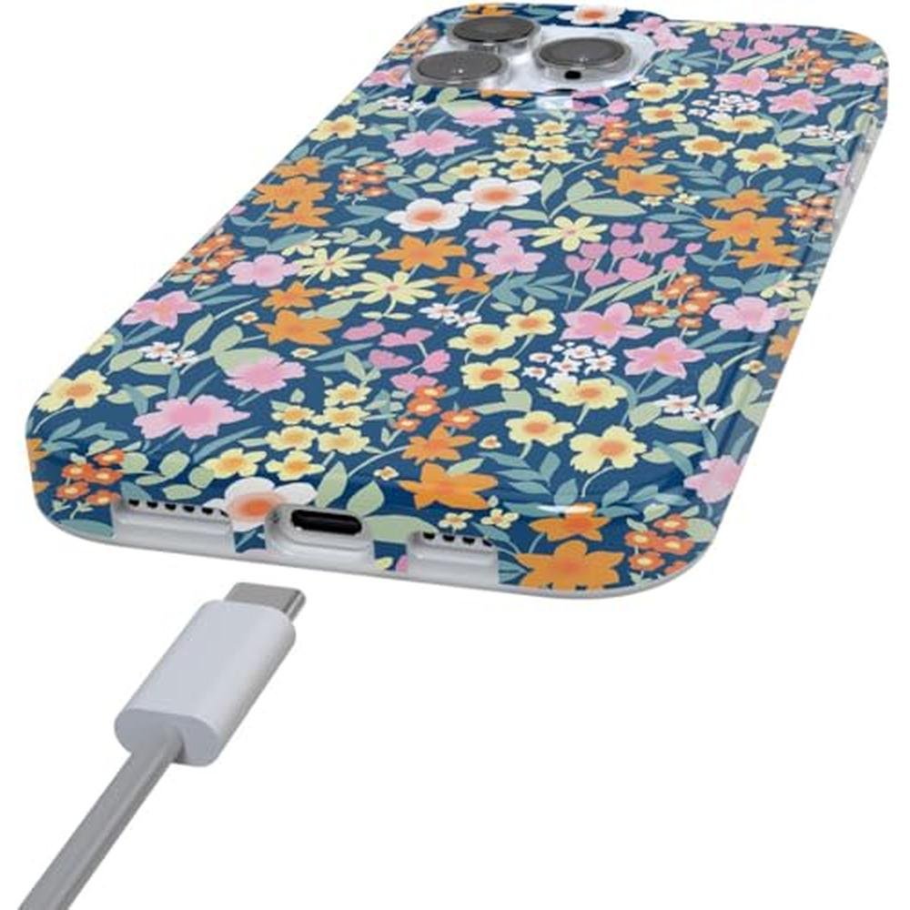 Casely iPhone 16 Pro Case: Full Bloom Navy Floral Design – Side View