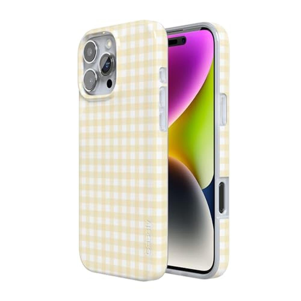 Casely iPhone 16 Pro Case: Pastel Picnic Yellow Gingham – Side View