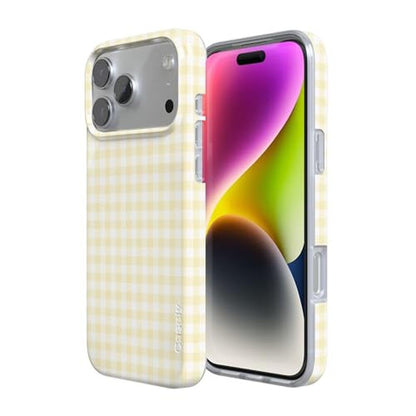 Casely iPhone 17 Pro Case: Pastel Picnic Yellow Gingham – Side View