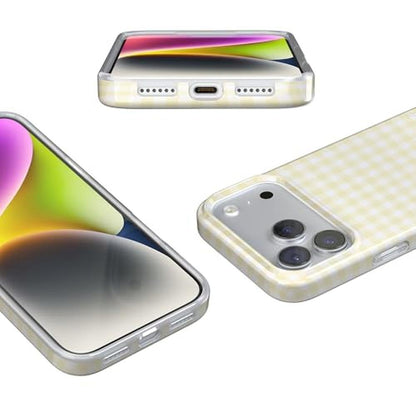 Casely iPhone 17 Pro Case: Pastel Picnic Yellow Gingham – Close-up Detail
