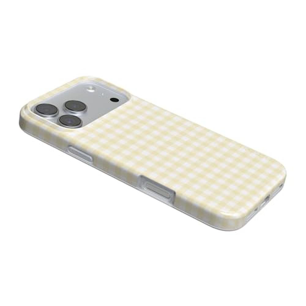 Casely iPhone 17 Pro Case: Pastel Picnic Yellow Gingham – In Use