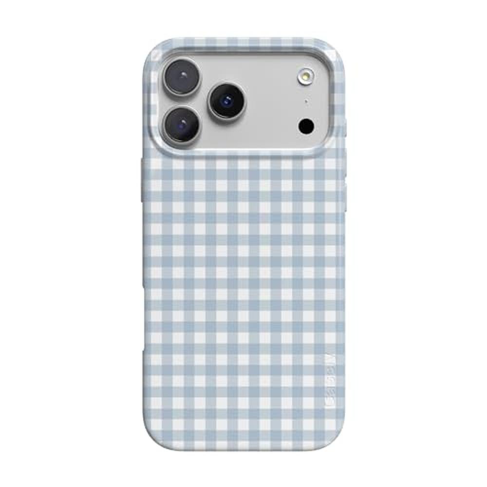 Casely iPhone 17 Pro Case: Pastel Picnic Blue Gingham – Front View