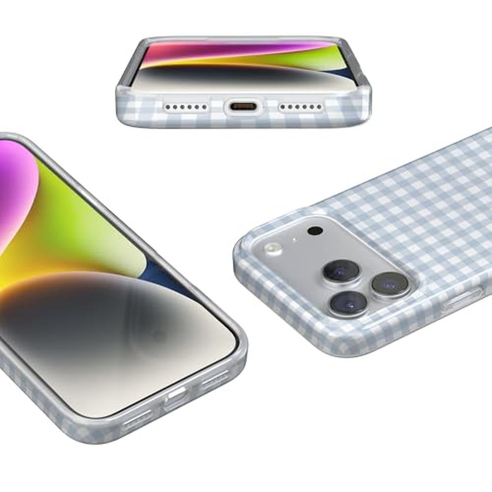 Casely iPhone 17 Pro Case: Pastel Picnic Blue Gingham – Close-up Detail