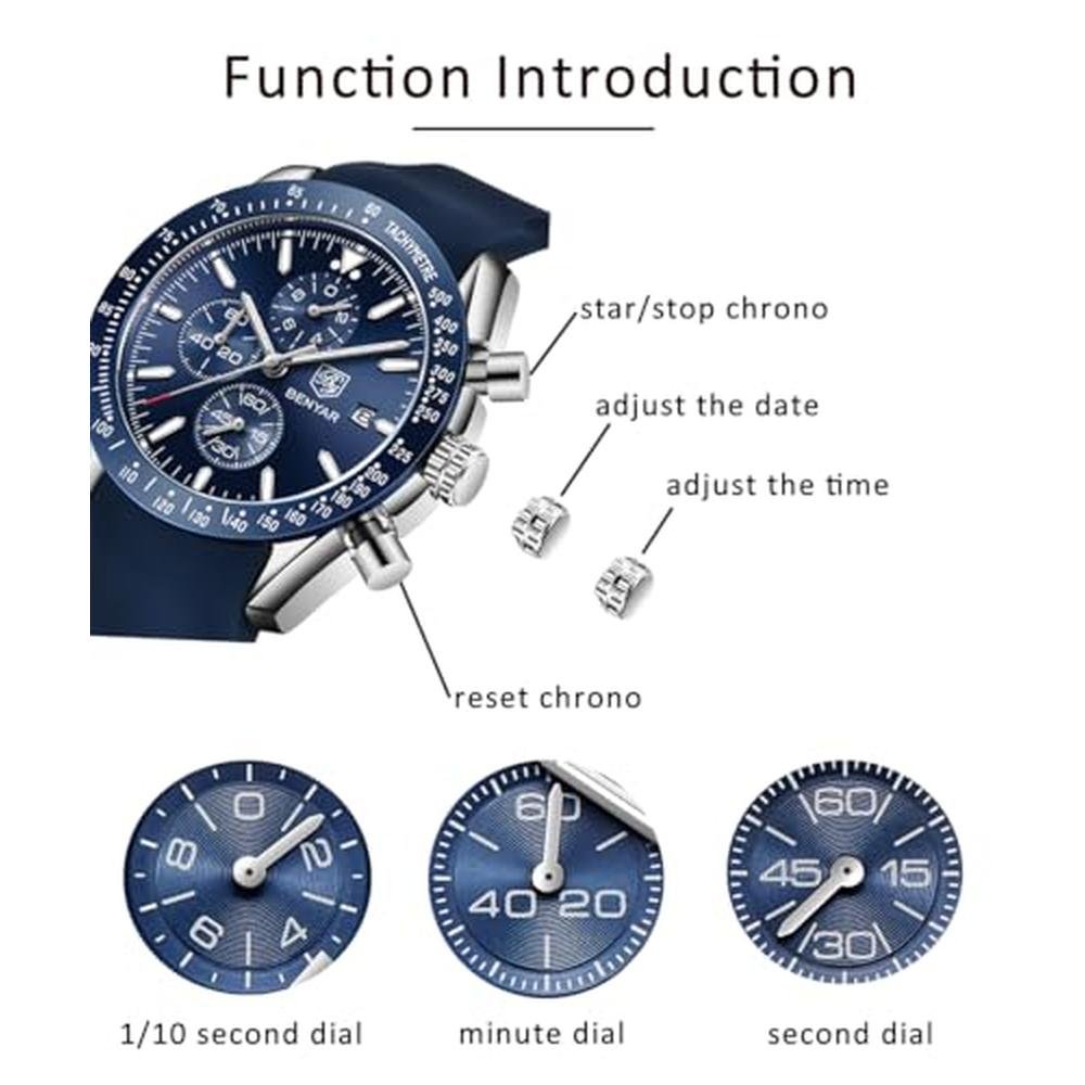 Men's Blue Watch: CEYADG Fashion Quartz Chronograph – Side View