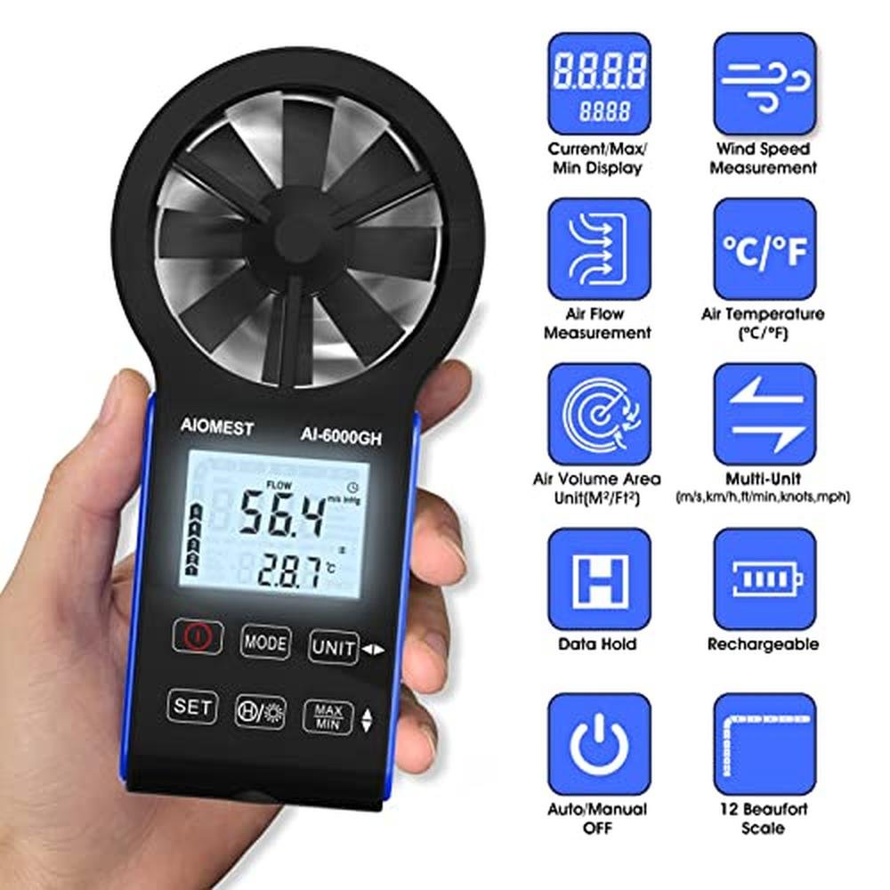 CFM Wind Speed Meter: AIOMEST AI-6000GH Handheld Anemometer – Side View