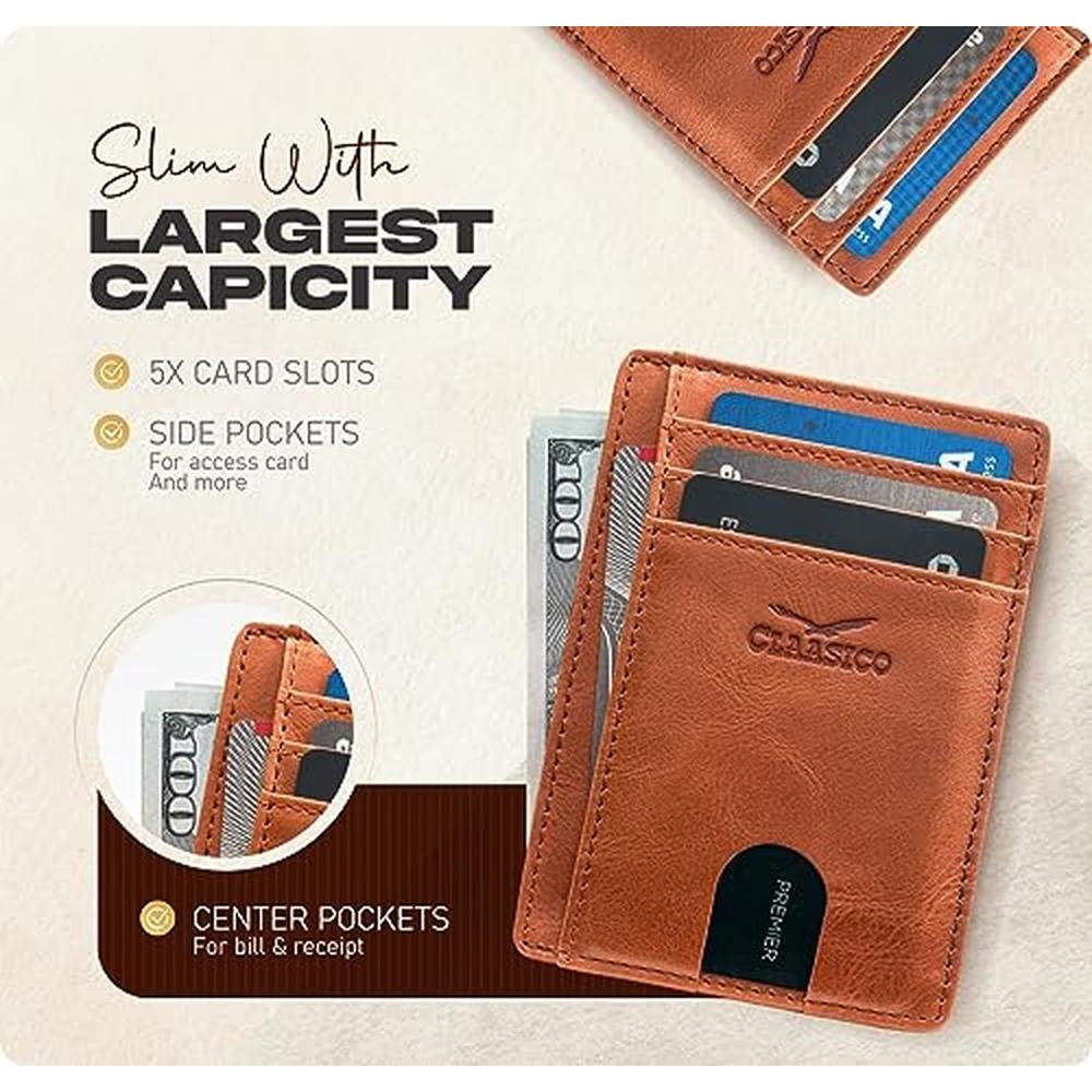Claasico Front Pocket Small Minimalist Leather Wallet RFID – Side View