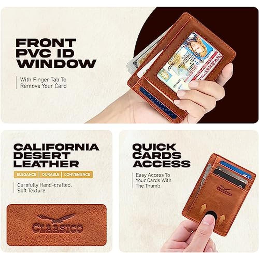 Claasico Front Pocket Small Minimalist Leather Wallet RFID – Close-up Detail