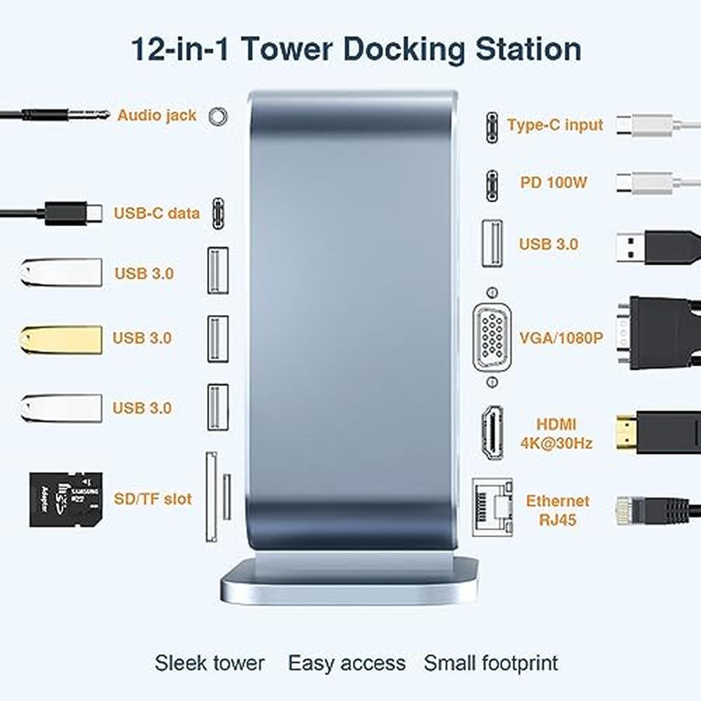 Docking Station: USB-C Hub Dual Monitor 4K HDMI VGA 12-Port – Side View