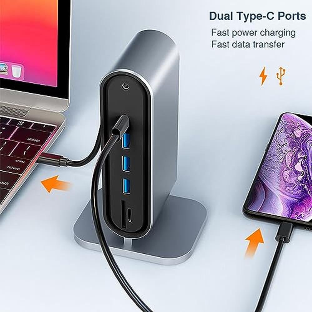 Docking Station: USB-C Hub Dual Monitor 4K HDMI VGA 12-Port – In Use